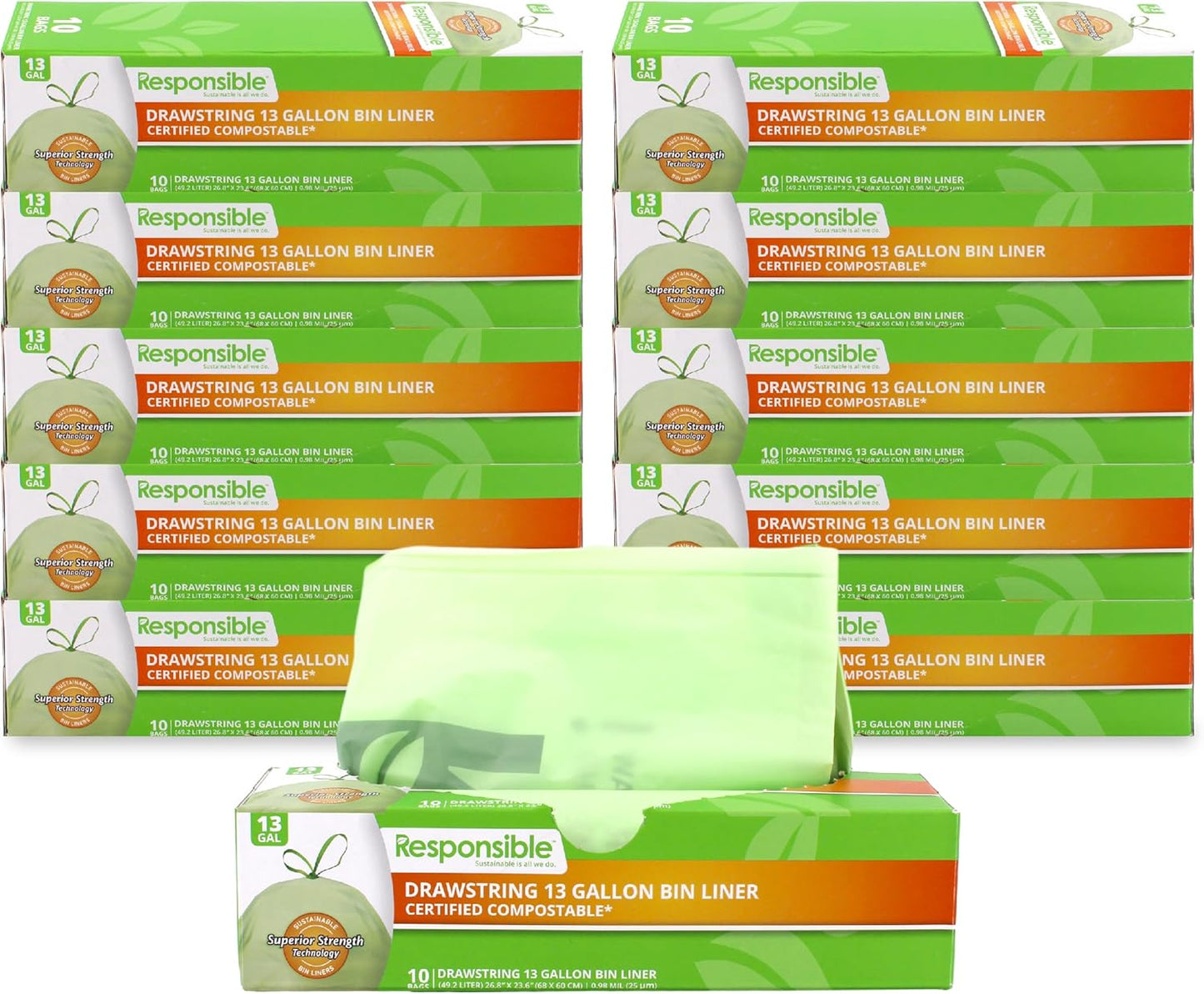 Kitchen Bin Liners, Certified Compostable, Heavy Duty Multipurpose Food Scrap Bags, Made from Compostable Materials (13 Gallon Drawstring, 13 Gallon (100 Count))