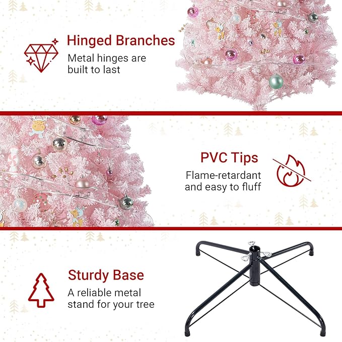 6FT Pink Artificial Christmas Tree with 1000 Realistic Branch, Flocked Full Xmas Tree with Foldable Stand, Easy Assembly Hinged Pine Tree for Home, Shop, Office, Party Holiday Decoration