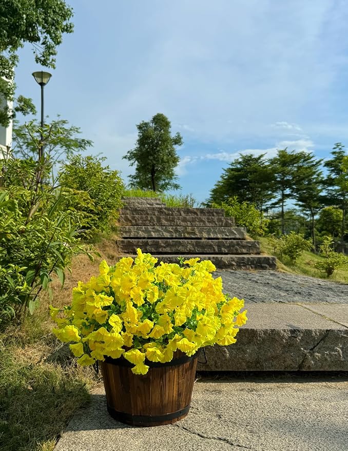 10 Bundles Artificial Flowers for Outdoor,UV Resistant Fake Petunia Flowers,Faux Plants for Outside Hanging Planters,Artificial Plants for Indoor Porch Garden Home Wedding Decor(Yellow)