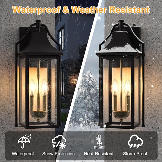 𝟏𝟖𝑰𝑵 Outdoor Wall Sconce Fixture, Dusk to Dawn Patio Lights Waterproof Exterior Lanterns, 2-Light Modern Wall Lights Mounted with Glass, Black Outside Light for House Front Door Decor