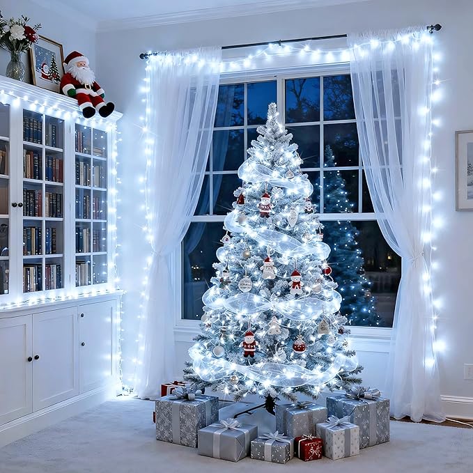 JMEXSUSS 250 LED White Christmas Lights Indoor Outdoor, 91.5ft Connectable Christmas String Lights 8 Modes, Clear Wire Twinkle String Light Plug in for Bedroom Wedding Garden Party Decoration