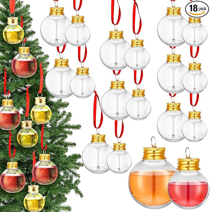 Patelai 18 Pcs Christmas Drink Balls Clear Shot Glass Ornaments Xmas Tree Fillable Ornaments Plastic Xmas Water Bottle Bulbs for Holiday Party Decorations(Round,50 Ml，100 ml)