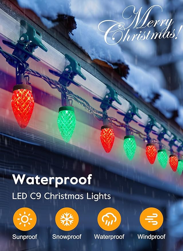 Minetom C9 LED Christmas Lights Outdoor, 68 Feet 100 LED C9 String Light with 100 Spring Clips, Waterproof Connectable Christmas Tree Lights for Outside Roofline Patio Home Xmas Decor, Red & Green