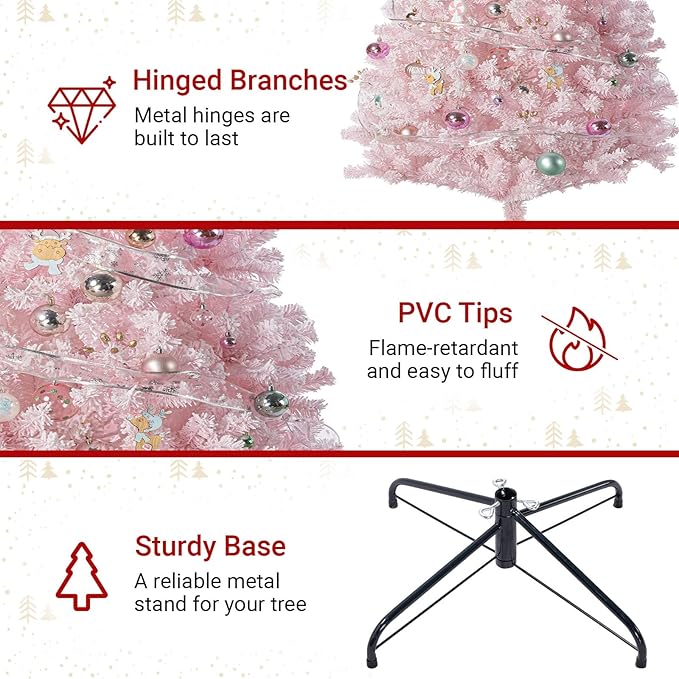 7FT Pink Artificial Christmas Tree with 1200 Realistic Branch, Flocked Full Xmas Tree with Foldable Stand, Easy Assembly Hinged Pine Tree for Home, Shop, Office, Party Holiday Decoration