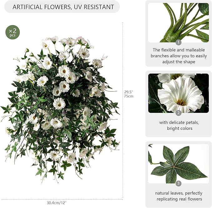 Artificial Flowers Artificial Petunias for Outdoors 2PCS Artificial Hanging Plants Outdoors Silk Flowers with Stems Outdoor Flowers Uv Resistant for Porch DecorTerrace Decor（White）Without Pot