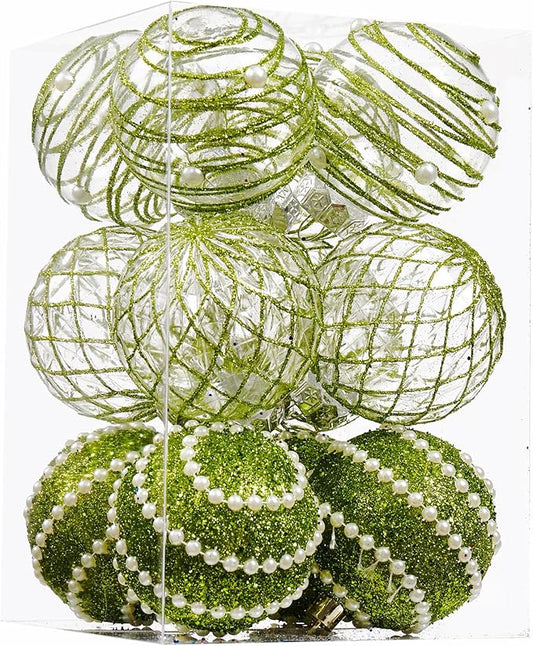12CT Christmas Ball Ornaments Green Shatterproof Clear Large Plastic Christmas Tree Decoration, Delicate Hanging Ornaments for Xmas Party, Wedding, Holiday and Home Décor(70mm/2.76")