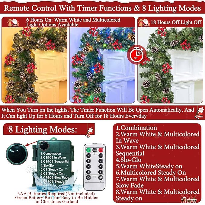 Remote Control&Extra Long&12 Modes-18 Ft Prelit Christmas Garland for Stairs Railing Mantle Front Door Porch Indoor Outdoor Decor 100 Warm White&Colors Switch Lights Timer,580 Thick Branches Tips