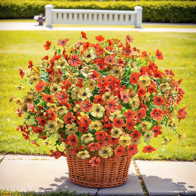 SHIAWASENA Realistic Outdoor Fake Plants Flowers, Artificial Flowers, UV Resistant, 12 Bundles Faux Silk Colorful Violet Flowers Bouquet with Eucalyptus (Yellow & Orange)