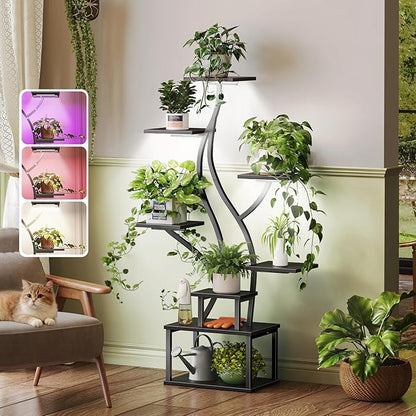 PRAISUN 51.3 Inch Plant Stand with Grow Light, 6 Tiered Indoor Plant Shelf with Larger Flower Holder, Pine-Shaped Stand, 3 Light Modes, Open Base, Corner Plant Rack for Living Room, Black
