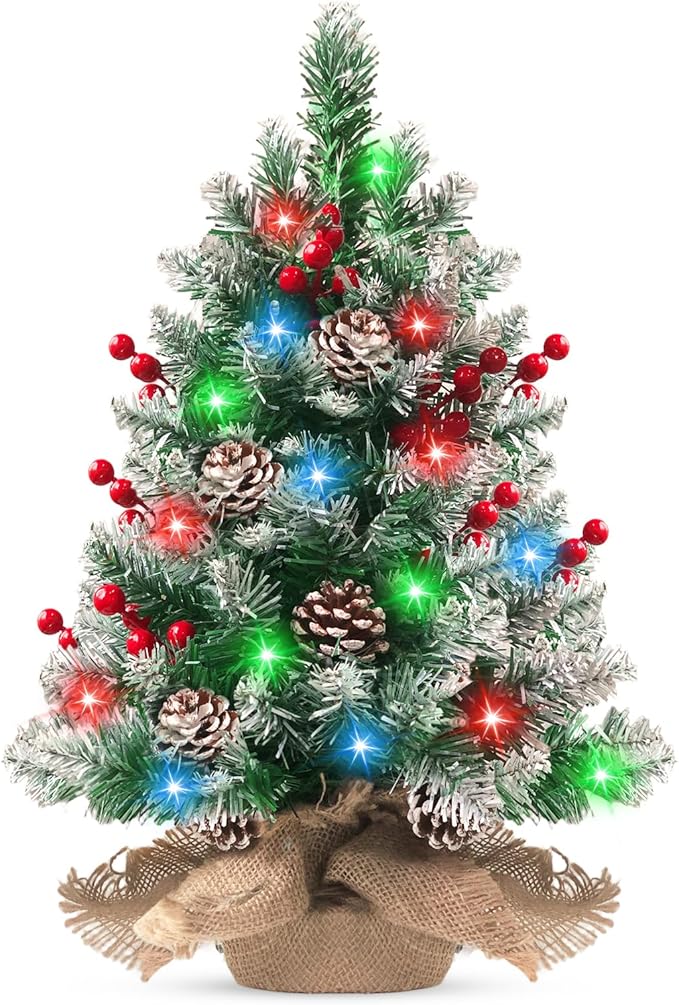 Pre-lit Mini Christmas Tree 20 Inch Small Tabletop Xmas Tree with 30 LED String Lights Locking Snow Frost Tips Berries Wood Base Ornaments Tabletop Artificial Pine Tree for Christmas Decoration