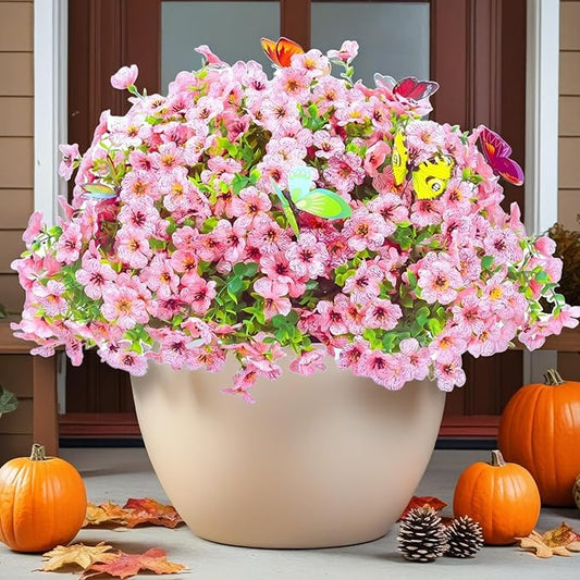 20 Bundles Artificial Flowers for Outdoors‌ with 6 Faux Butterflies, UV Resistant Fake Flowers‌ with Eucalyptus Leaves, Artificial Plants Outdoor‌ for Patio Garden Porch Home Decor (Pink)