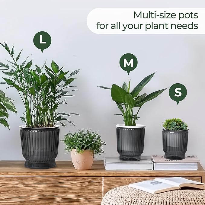T4U 6 Inch Self Watering Pots for Indoor Plants, 4 Pack Self Watering Planter, Self Watering Pot with Reservoir, Small Self Watering Pots for Plants, African Violets (4 Pack, 6", Translucent Gray)