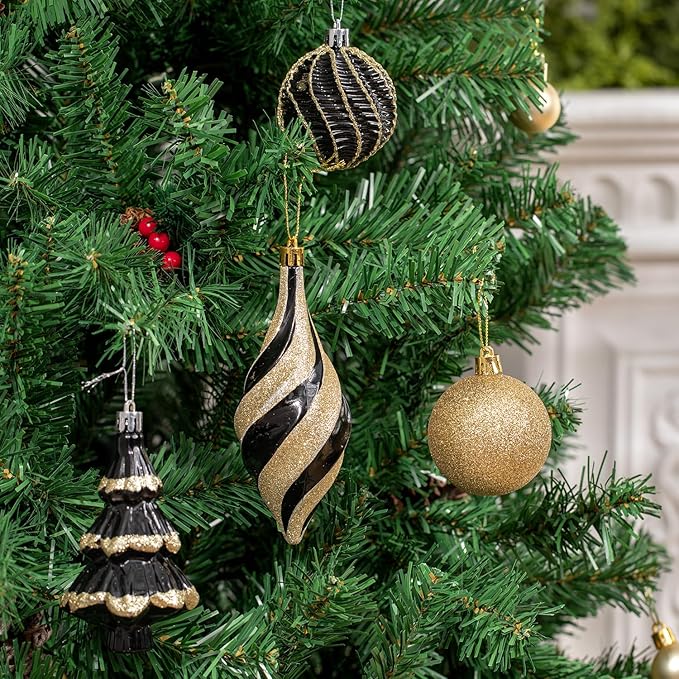 108 Pcs Christmas Ball Ornaments Set, Black and Gold Shatterproof Hand-Painted Hanging Bulbs Decoration for Xmas Tree, Wreath, Garland, Home Holiday Decor