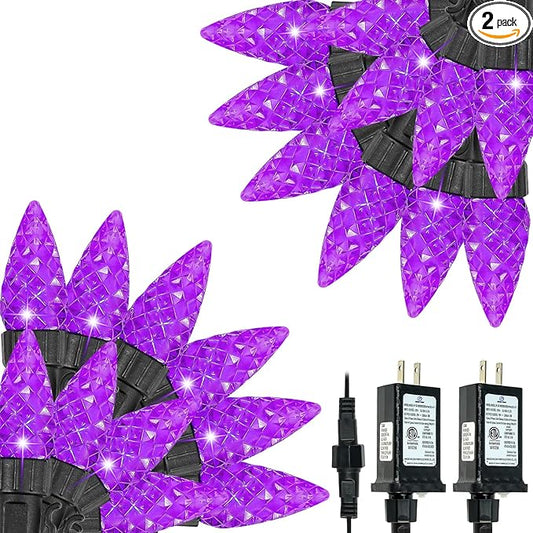 2 Pack C6 Christmas Lights Outdoor Indoor, Total 200 LED 66 FT Connectable Christmas String Lights with Timer & 13 Modes, Waterproof Twinkle Light for Xmas Tree Yards Party Wedding Decorations(Purple)