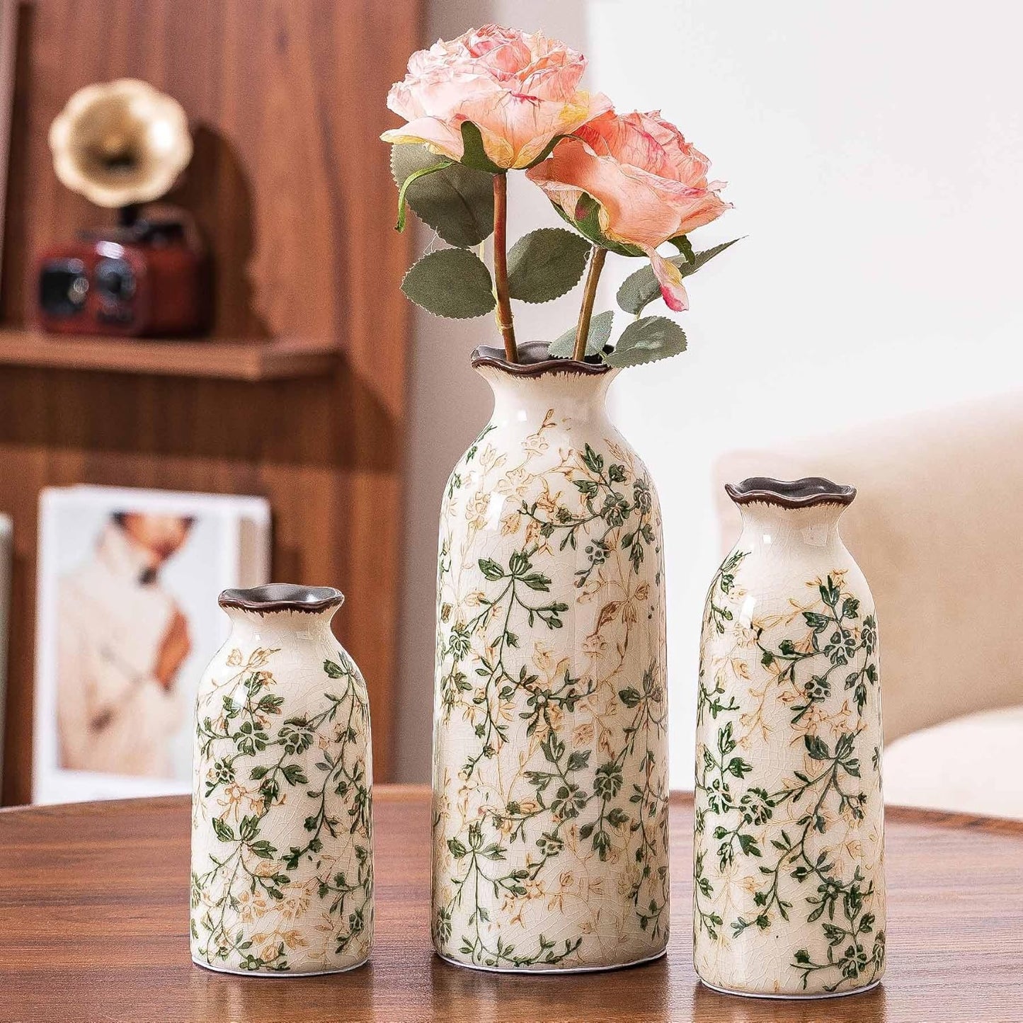 Ceramic Vase Set of 3, Vintage Green and Beige Vases Set, Flower Rustic Chinoiserie Vases Floral Grand Millennial Farmhouse Decor Vase for Home Decor, Living Room, Kitchen, Bedroom, Bookshelf