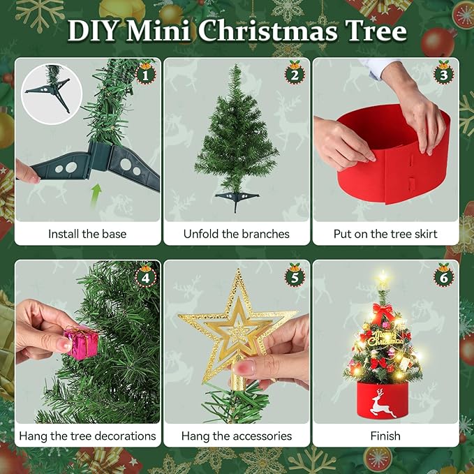 2FT Mini Christmas Tree with Lights, Pre-Lit Artificial Christmas Tree with Tree Skirt & Star Topper, Green Tabletop Xmas Tree for Home, Office, Bedroom, Party Decor (Battery Not Included)
