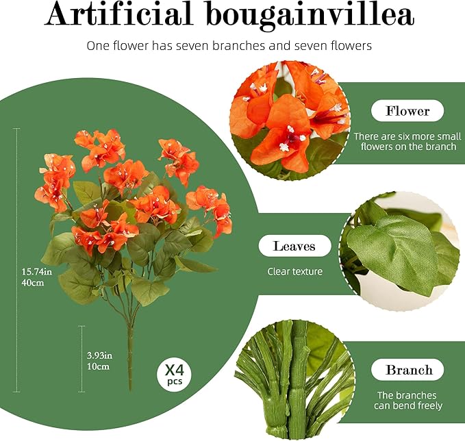 Bougainvillea Artificial Flowers Bougainvillea Outdoor Artificial Plants Faux Flowers with Stems Silk Flowers for Wedding Porch Living Garden Decor(4PCS,Orange)