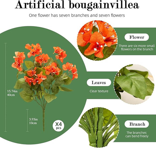 Bougainvillea Artificial Flowers Bougainvillea Outdoor Artificial Plants Faux Flowers with Stems Silk Flowers for Wedding Porch Living Garden Decor(4PCS,Orange)