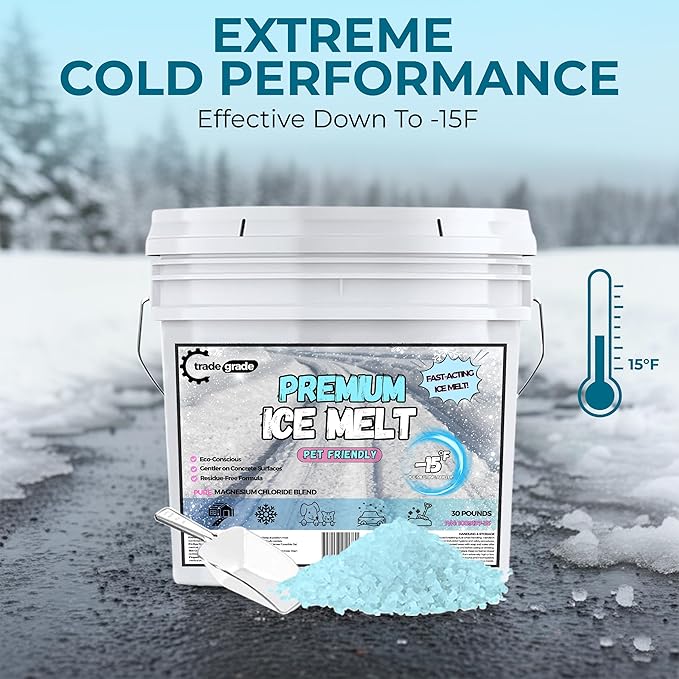 Pet-Friendly Ice Melt - Fast-Acting Magnesium Chloride Formula, Safer for Pets & Surfaces, 30lb Bucket with Scoop