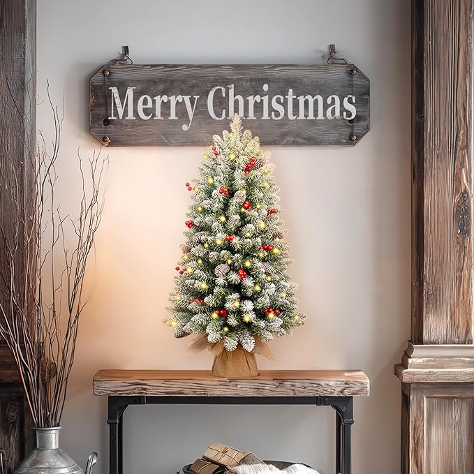 3Ft Pre-lit Tabletop Christmas Tree, Snowy Flocked Christmas Trees, Outdoor Christmas Tree, with 9 Modes LED Lights, Pine Cones & Berries, Battery Operated, for Home Office Desk Decor