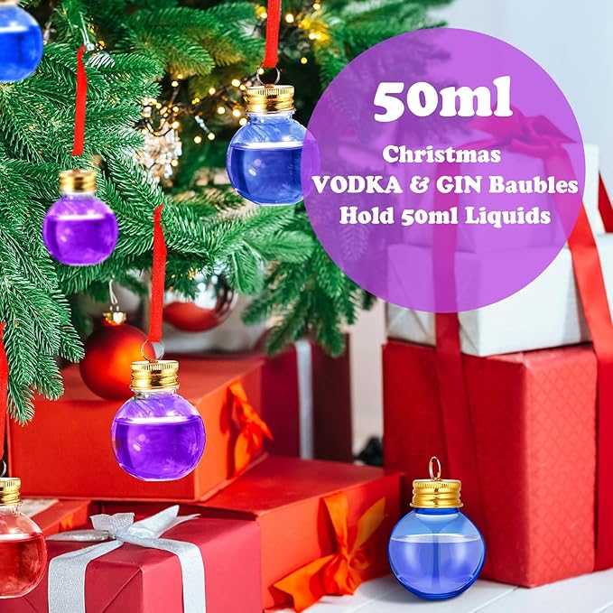 Patelai 24 Pcs Christmas Drink Balls Shot Glass Ornament Plastic Fillable Christmas Tree Ornaments Xmas Water Bottle Bulbs for Holiday Party Indoor Outdoor (Blue,Purple with Gold Lid)