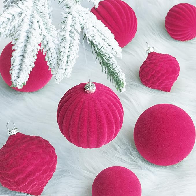 KI Store Velvet Christmas Balls Hot Pink 25pcs Flocked Christmas Tree Ornaments Assortment for Xmas Tree Holiday Decor