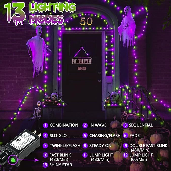 2-Pack 66FT 200 LED Extendable Halloween String Lights, Purple and Green Halloween Decorations Outdoor Indoor Tree Lights,13 Modes Plug in Mini Fairy Lights Waterproof with Timer and Memory Function