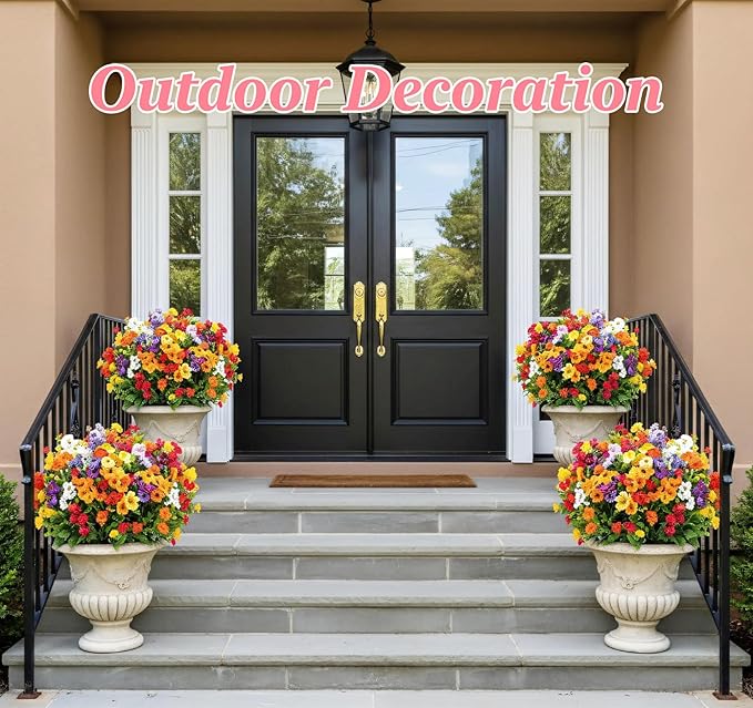 ilauke 9 Bundles Artificial Flowers for Outdoors, Fake Flowers UV Resistant, No Fade Faux Flower Plants 9 Colors with Eucalyptus, Plastic Flower Outside Planter Garden Porch Patio Home Wedding Decor