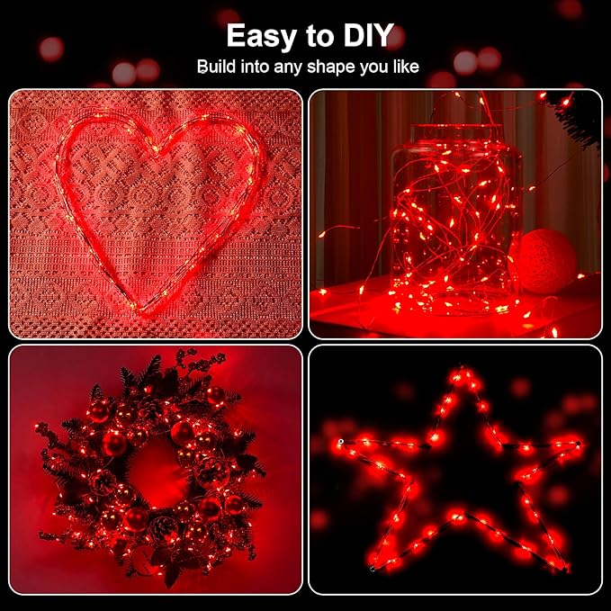 4 Pack 16.4ft Battery Operated String Lights with Timer, Red with Synchronized Twinkle Mode, Fairy Lights Battery Powered, 50 LEDs, Idea for Christmas Bedroom Party Wedding