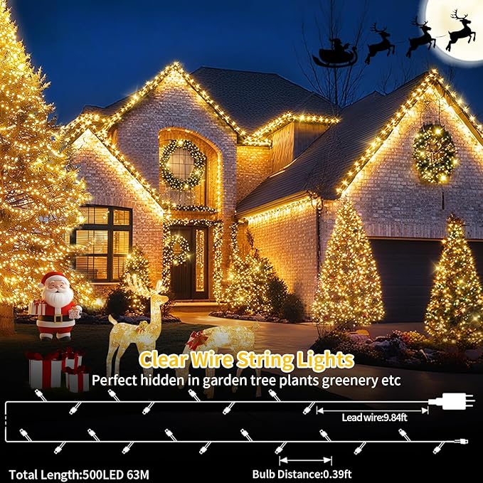 200 FT 500 LED Christmas Lights Outdoor Fairy Lights Plug In Extra Long String Lights Clear Wire Waterproof 8 Modes Timer for Outside House Tree Garden Yard Wedding Party Decorations-Warm White