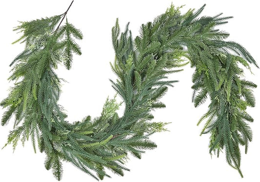 Christmas Norfolk Pine and Cedar Garland for Holiday Mantel, Fireplace, Table Decor