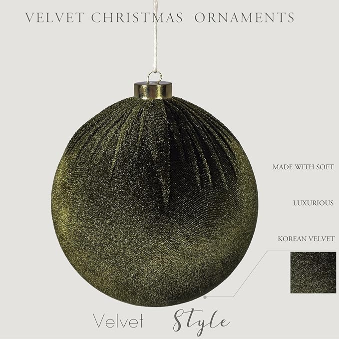 4PCS Green Velvet Christmas Ornaments Set – 6 Inch Large Flocked Shatterproof Baubles for Xmas Tree Decoration, Hanging Ornaments for Holiday & Home Décor (Green, 6 Inch / 15 cm)