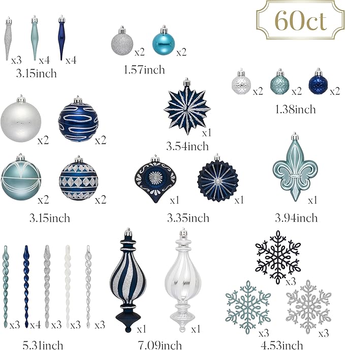 Valery Madelyn Fall Ornaments for Christmas Trees, 60ct Navy Blue and Silver Shatterproof Christmas Tree Decorations, Luxury Hanging Ball Ornaments Bulk for Thanksgiving Autumn Harvest Decor