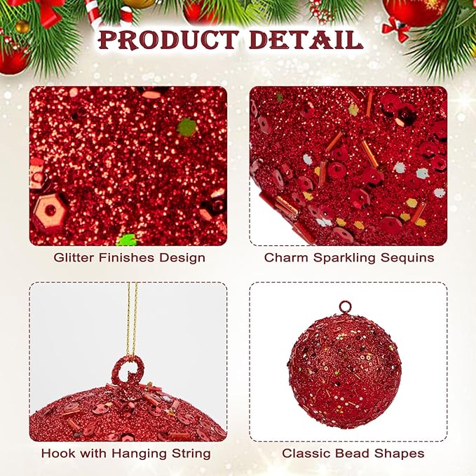 4" Large Christmas Balls Ornaments 6 Pcs Shatterproof Big Red Christmas Ornaments for Tree Bulk Glitter Big Xmas Tree Ornament for Xmas Halloween Holiday Wedding Party Decoration