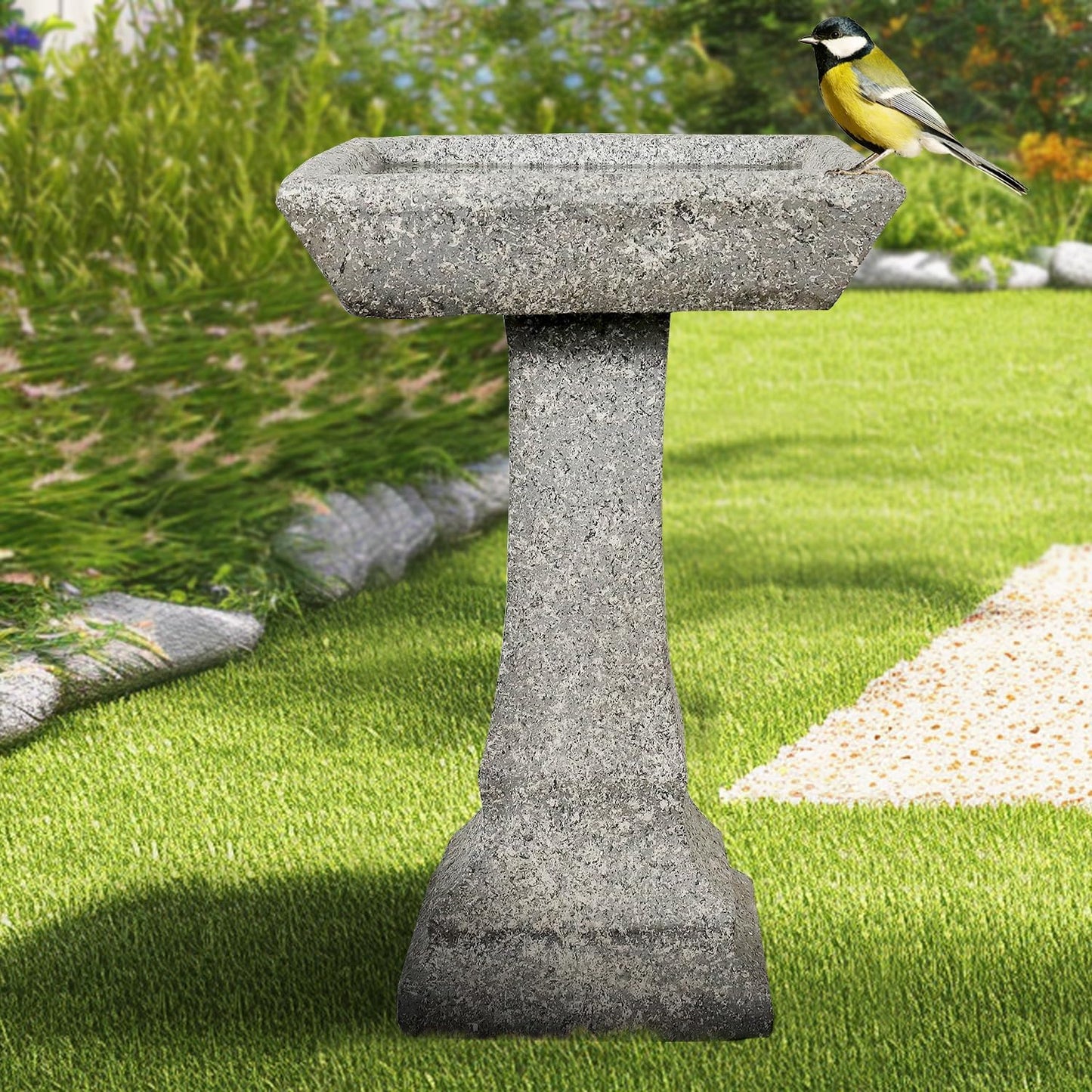 22.8" H Rustic Birdbath Freestanding Square Bird Bath with Faux Wood Finish for Garden Lawn Backyard Patio Porch Decor