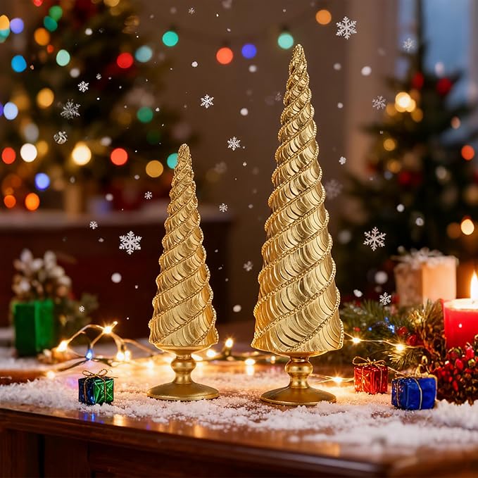 2Pcs Christmas Tree Figurines, Gold Resin Christmas Trees with Spiral Design, Small Decorative Tabletop Trees for Mantel, Modern Holiday Home Decor for Living Room, Office, Shelf, Festive Centerpiece
