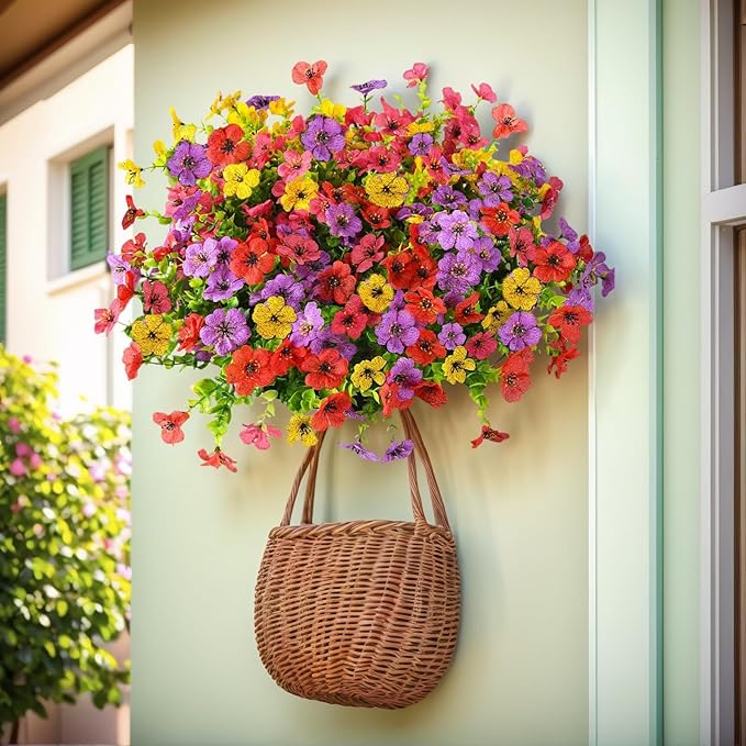 SHIAWASENA Realistic Outdoor Fake Plants Flowers, Artificial Flowers, UV Resistant, 12 Bundles Faux Silk Colorful Violet Flowers Bouquet with Eucalyptus (Rose Red & Yellow & Red & Purple)