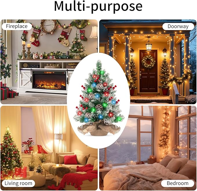 Pre-lit Mini Christmas Tree 20 Inch Small Tabletop Xmas Tree with 30 LED String Lights Locking Snow Frost Tips Berries Wood Base Ornaments Tabletop Artificial Pine Tree for Christmas Decoration