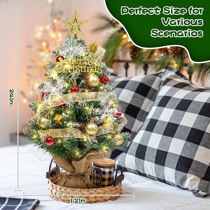 Tabletop Mini Artificial Christmas Tree with LED Lights, Star Topper, and Hanging Ornaments - 24 Inch Small Christmas Tree for Holiday DIY Decorations