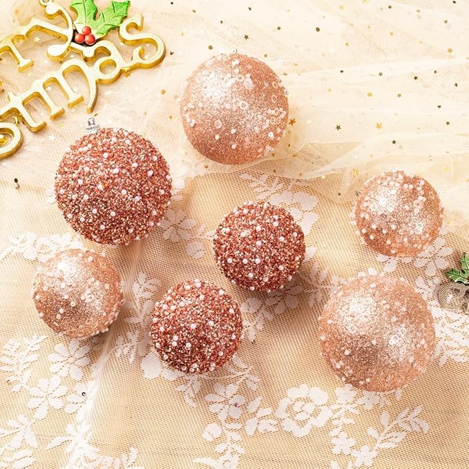 8CT Christmas Ball Ornaments, Rose Gold Christmas Ball Decorations Shatterproof Plastic Hanging Pearl Balls for Holiday Party(90mm/3.54")