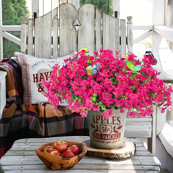 20 Bundles Artificial Flowers for Outdoors‌ with 6 Faux Butterflies, UV Resistant Fake Flowers‌ with Eucalyptus Leaves, Artificial Plants Outdoor‌ for Patio Garden Porch Home Decor (Rose Red)