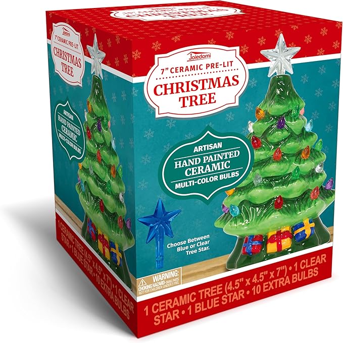Joiedomi 7" Ceramic Christmas Tree with Gift Box, Mini Prelit Tabletop Christmas Tree with Multicolored Bulbs for Best Desk Decoration