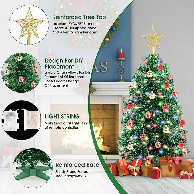 3Ft Christmas Tree with Lights, Table Christmas Tree with 50 LED 12 Modes, 3D Star, 15 Hanging Ball Ornaments, Small Prelit Xmas Tree for Tabletop, Home and Office (Green)