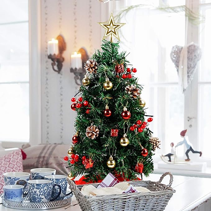 Blissun 2Ft Mini Christmas Tree, Artificial Christmas Pine Trees, Tabletop Xmas Tree, Mini Christmas Pine Tree with LED Lights, Star Tree Topper and Christmas Ornaments for Christmas Table Decorations