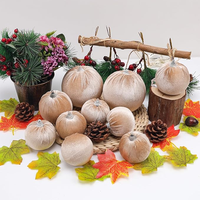 Gresorth Decoration DIY Christmas Tree Velvet Hanging Fabric Wrapped Ball Bulk Handmade Sphere Ornament House Cabinet Table Kitchen Khaki 10pcs