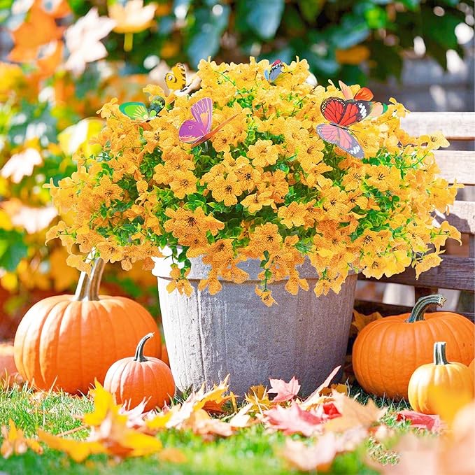 20 Bundles Artificial Flowers for Outdoors‌ with 6 Faux Butterflies, UV Resistant Fake Flowers‌ with Eucalyptus Leaves, Artificial Plants Outdoor‌ for Patio Garden Porch Home Decor (Yellow)