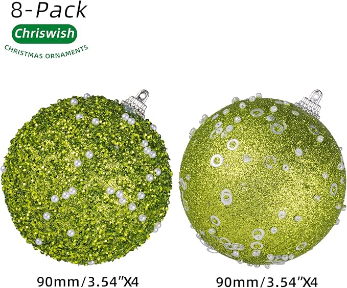 8CT Christmas Ball Ornaments, Green Christmas Ball Decorations Shatterproof Plastic Hanging Pearl Balls for Holiday Party(90mm/3.54")