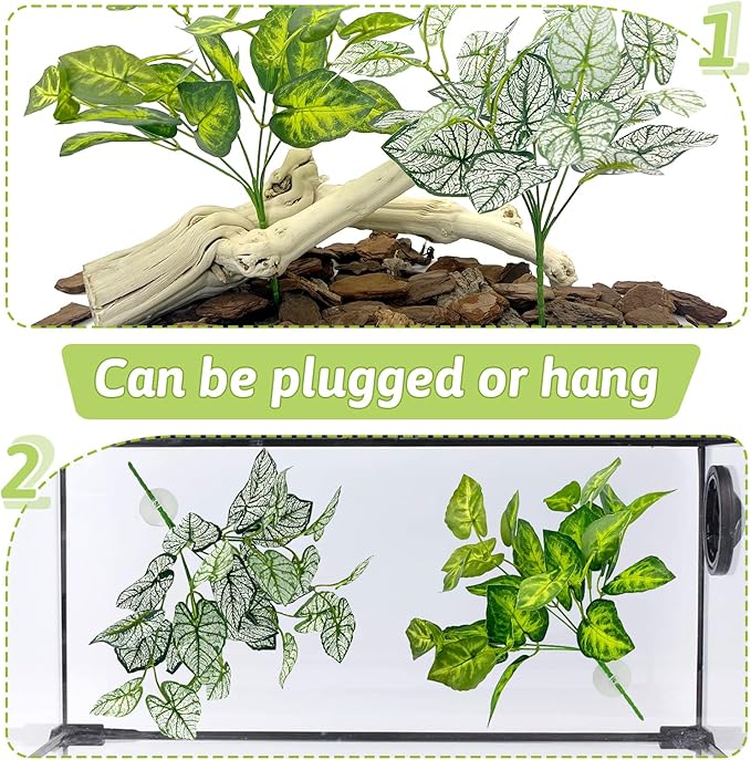 Hamiledyi 5 Pcs Reptile Plants Terrarium Hanging Fake Plant Leaves, Bearded Dragon Tank Accessories, Habitat Decor for Snake Leopard Gecko Lizard Chameleon Spider Turtle (Style 2)