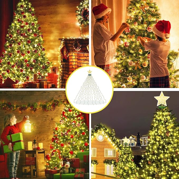 aneeway Christmas Tree Lights with Star Toppers, 410 LED Christmas Lights with 8 Modes & Memory Function, 6.6FT x 16 String Lights with Remote Control & Timing for Xmas Ornaments - Warm White