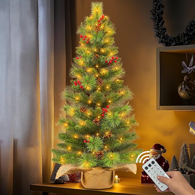 3 Ft Small Christmas Tree Remote Control Artificial Tabletop Christmas Tree 50 Warm White&Colored Lights Battery Operated 12 Modes Timer Pinecones Red Berries Burlap Base Xmas Christmas Decorations